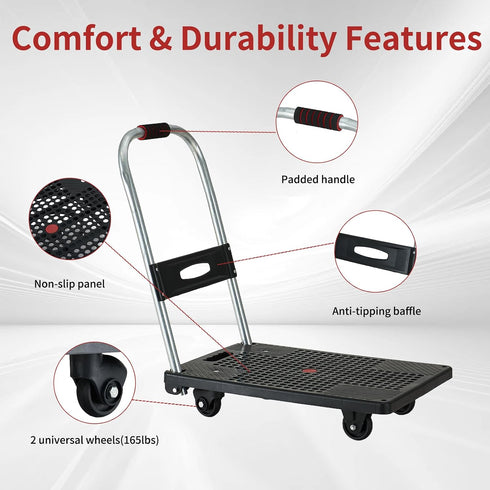 360 165 lbs Push Cart Dolly - Lightweight Foldable Flatbed Platform Cart with - Degree Rotating Wheels for Moving