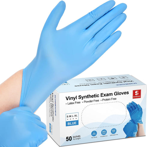 Schneider Blue Vinyl Synthetic Exam Gloves, Medium, Box of 50, 4-mil, Powder-Free, Latex-Free, Non-Sterile