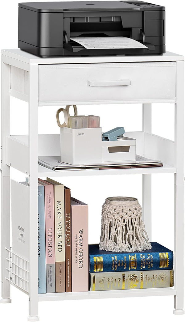 Lerliuo White Printer Stand with Fabric Drawer, 3 Tier Industrial Side Table, Modern Small Desk Holder
