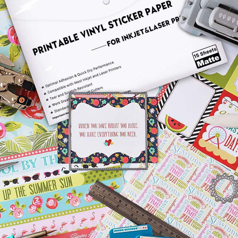 JANDJPACKAGING Printable Vinyl Sticker Paper - Waterproof for Laser & Inkjet Printer 15 Self-Adhesive Sheets - Matte