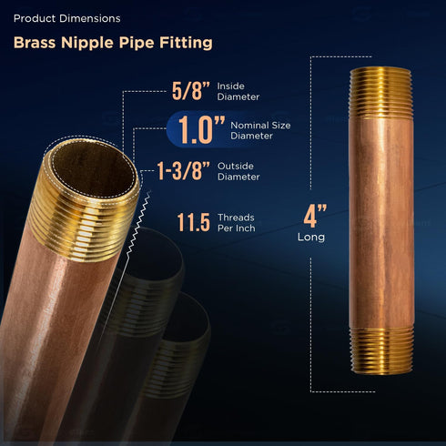 Everflow Supplies NPBR1040 4" Long Brass Nipple Pipe Fitting, 1" Nominal Diameter