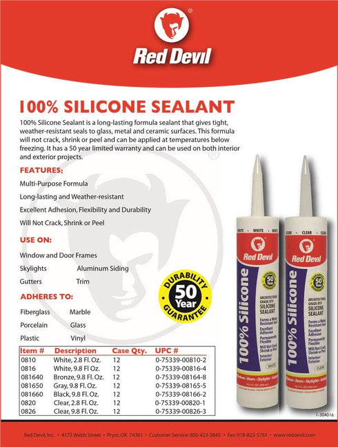 Red Devil 0816 100% Silicone Sealant; Architectural Grade RTV Sealant, 9.8 oz Tube, White, 1-Pack