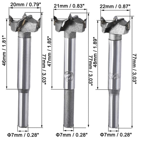 uxcell Forstner Wood Boring Drill Bits 20mm 21mm 22mm Dia. Hole Saw Carbide Alloy Steel Tip Round Shank Cutting for Hinge Plywood Wood Tool 3in1 Set