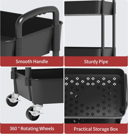 Sywhitta 3-Tier Black Plastic Rolling Utility Cart with Handle, Movable Storage Trolley for Office, Kitchen, Living Room