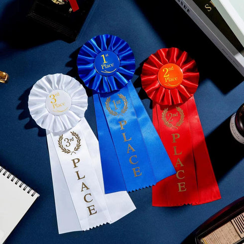 Award Ribbons Rosette Ribbon - 1st, 2nd, 3rd Place for Classroom Prizes, Sports Events, Blue Red White (3 Pieces)