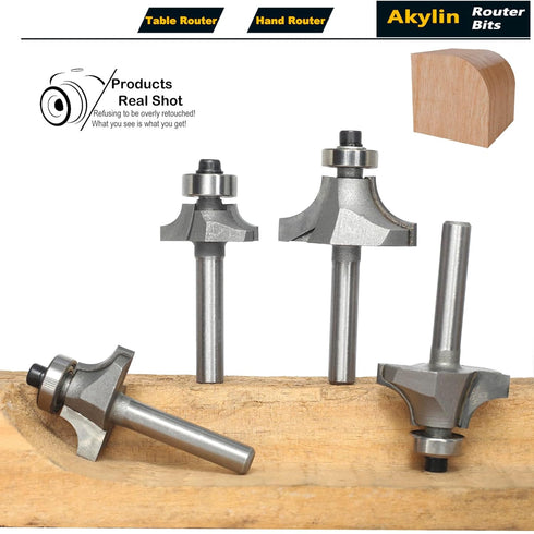 4Pcs -3/16",1/4",5/16",3/8" Set,1/4 Inch Trimming,with Roundover Router Bits,Radius Edge Forming Router Bit
