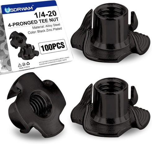 Usdrwam 100 Pack 1/4"-20 T Nuts for Wood, Black Carbon Steel 4-Prong Tee