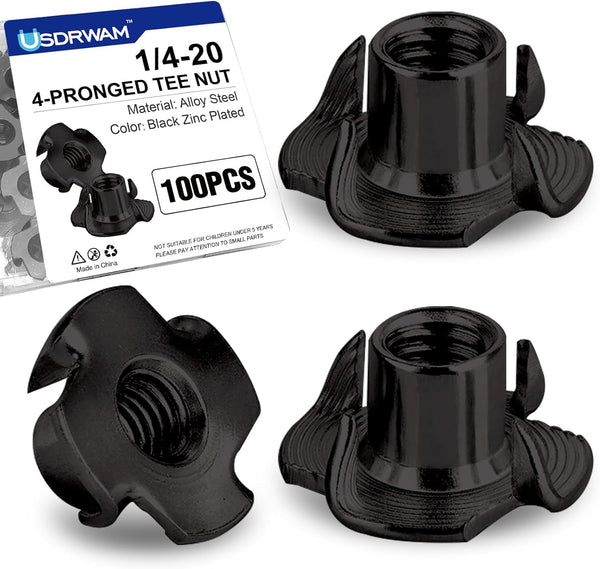 Usdrwam 100 Pack 1/4"-20 T Nuts for Wood, Black Carbon Steel 4-Prong Tee