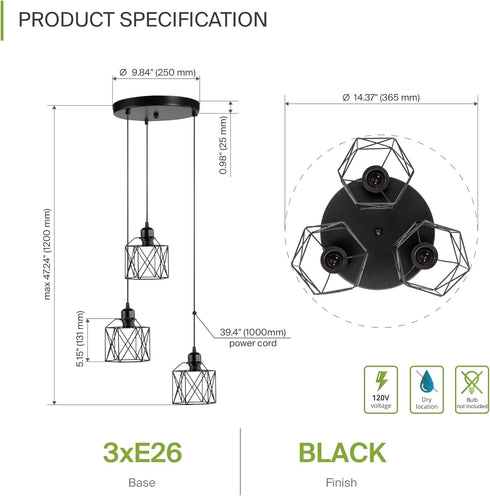 3xE26 120V ASD Black Pendant Light Fixture - ETL Modern Pendant Lights Kitchen Island, Industrial Hallway, Living Room
