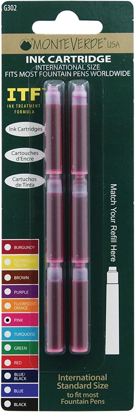 Monteverde International Size Cartridge, Pink - 6 per Pack, Fits Fountain Pens (G302PK)