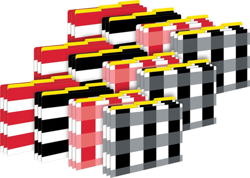 Barker Creek Designer File Folders - Set of 36, Buffalo Plaid & Wide Stripes, Multi-Design Set with Plaids, Stripes on