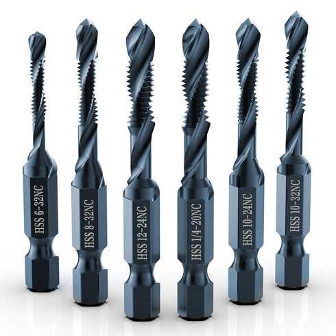 THINKWORK 6 Pack Combination Drill Tap & Tap Bit Set, 3-in-1 Anti-Rust Black Titanium Coated in SAE Sizes