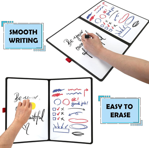 Double-Sided Whiteboard - Portable 12" x 9" Dry Erase Boards with 3 Markers, Eraser, and Red Elastic Pen Tray
