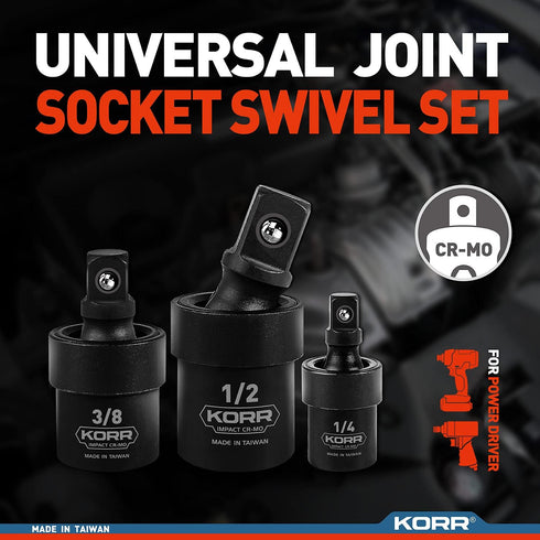 KORR Tools KSS007 3pc Impact Grade Universal Joint Swivel Socket Set - 1/4-Inch, 3/8-Inch, 1/2-Inch Drive