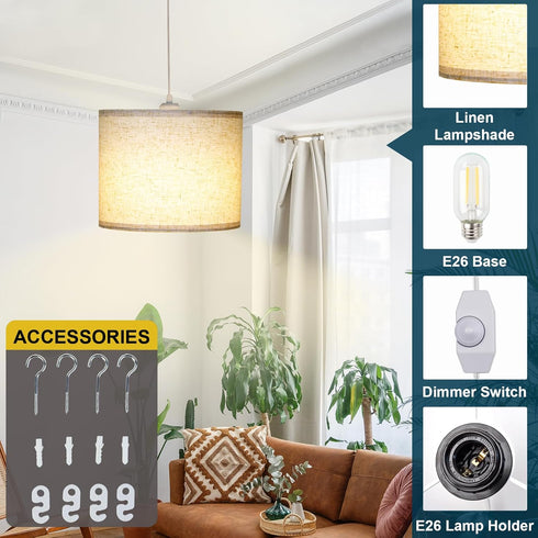 15Ft, LALISU Plug in Pendant Light, Hanging Light with Plug in Cord On/Off Switch Pendant Lighting with Linen Shade