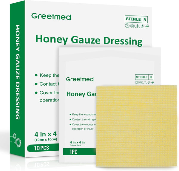 Greetmed Honey Gauze Wound Dressing 4" x 4" Medical Grade Manuka Honey