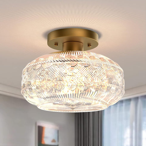 Industrial Semi Flush Mount Ceiling Light Fixture,Gold Globe Glass Hallway Lights Fixtures
