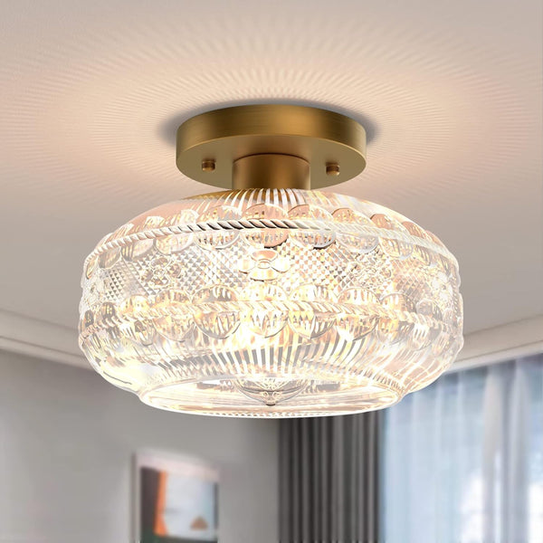Industrial Semi Flush Mount Ceiling Light Fixture,Gold Globe Glass Hallway Lights Fixtures