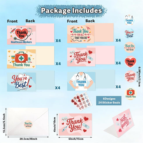 RHOttbiy 24 Pack 6x4in 6 Nurse Thank You Cards with Envelopes and Stickers Nurse Appreciation Cards Healthcare Workers