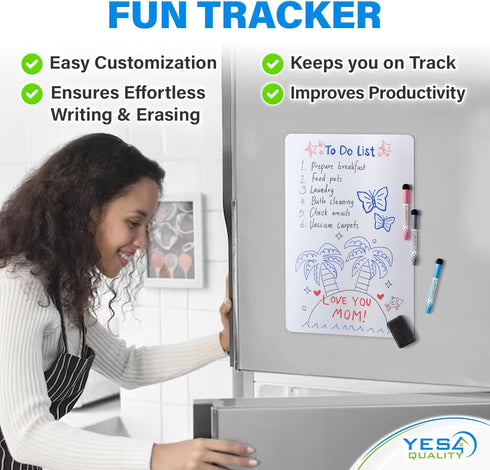 Magnetic Dry Erase White Board Sheet for Fridge (14x11"), Stain Resistant Technology Board w/ 3 Markers & Big Eraser with Magnets, Refrigerator Whiteboard Planner & Organizer by Yes4Quality by YES4QUALITY