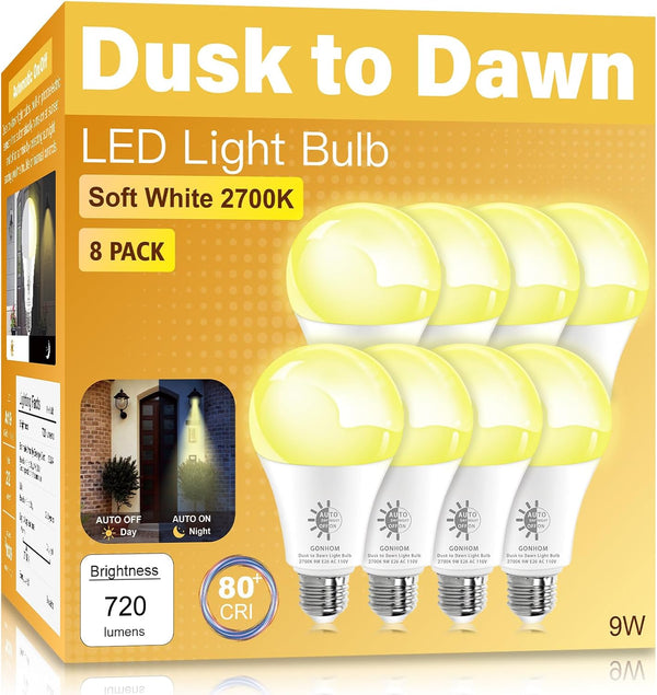 8 Pack Dusk to Dawn Light Bulbs Outdoor, 2700K Warm White, 9W (60W Equivalent) A19 E26 Automatic On/Off
