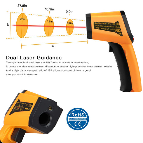 Laser Infrared Thermometer Non-Contact Digital Temperature Gun, -50°C to 400°C for Industrial and Kitchen