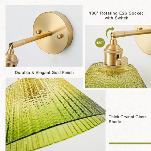 Hardwired Wall Sconce Light, Vintage Wall Sconce with Switch, Gold Wall Light Fixture with Gradient Green Glass