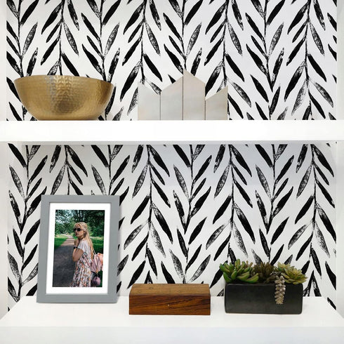 Wudnaye Black and White Peel and Stick Wallpaper: Leaf Contact Paper 17.7 inch × 118.1 inch, Self-Adhesive Decorative