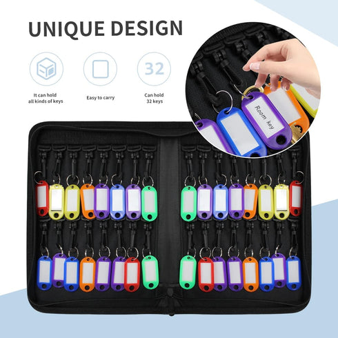 Fireproof and Waterproof Portable Key Case - 32 Key Hooks Zippered Organizer for Hotel Executives and Real Estate