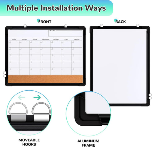 Monthly Calendar Whiteboard 24"x18", Magnetic Dry Erase Cork Board Combination for Office Kitchen Planning