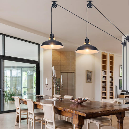 14.76ft 1 Pack Lomoky Plug in Pulley Pendant Light with Cord On/Off Switch, Industrial Barn Black Hanging Lights