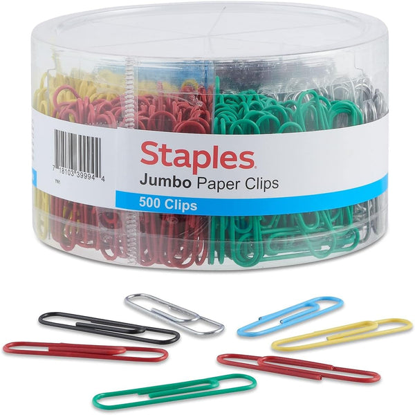 Staples 480109 Jumbo Vinyl Coated Paper Clips, Smooth 500/Tub