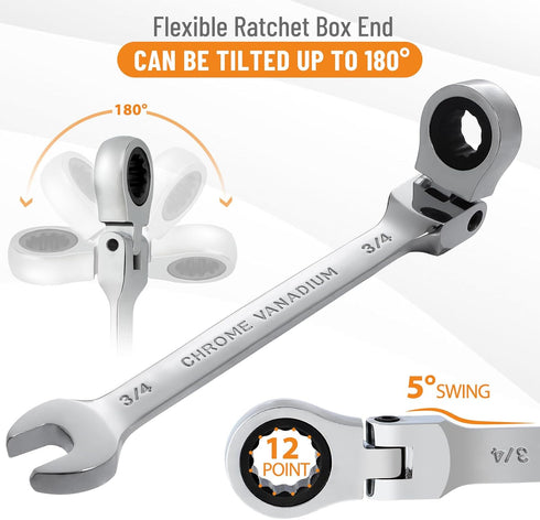 B4B BANG 4 BUCK 3/4 Wrench, Flex-Head Ratcheting Combination Wrench Industrial Grade 72 Teeth 12 Point Ratchet Box Ended and Open End Spanner Tools, SAE by B4B BANG 4 BUCK