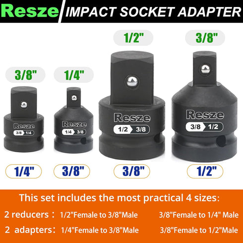 4PCS Impact Socket Adapter and Reducer Set,1/2"to 3/8" & 3/8"to 1/2"& 3/8"to 1/4"& 1/4"to 3/8"Drive Socket Adapter Set, Square Adapter Breaker Bar Wrench Conversion Kit Mechanic tools by Resze