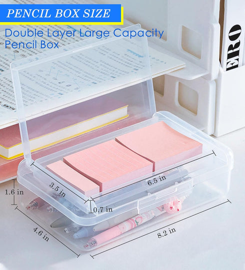 Double Layer Large Capacity Pencil Box,Plastic Translucent Pencil Box, Hard Pencil Cases with Snap-Tight Lid for Pens, Pencils, School Supplies,Office Supplies, 1 Pack