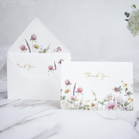 50 PACK 4x6 ponatia Floral Thank You Cards With Envelopes - Gold Foil Wildflower Greeting Cards With Adhesive Envelopes