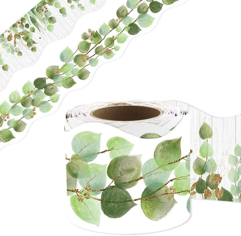 Fancy Land Eucalyptus Die-Cut Border Trim - 36ft Roll, Two-Sided Printed Leaves for Classroom Decor