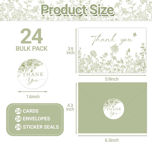 SMUAENSS 24 Pack Sage Green Floral Thank You Cards With Envelopes Stickers, Wedding Floral Thank You Card Greenery