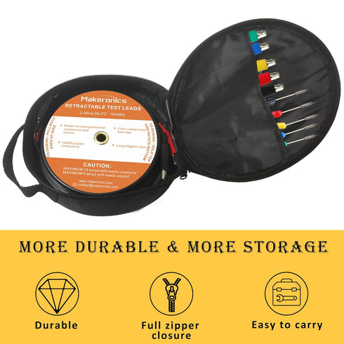 Makeronics 30FT 18AWG Retractable Test Leads with Dual Ended Alligator Clips for Electrical Testing and Troubleshooting