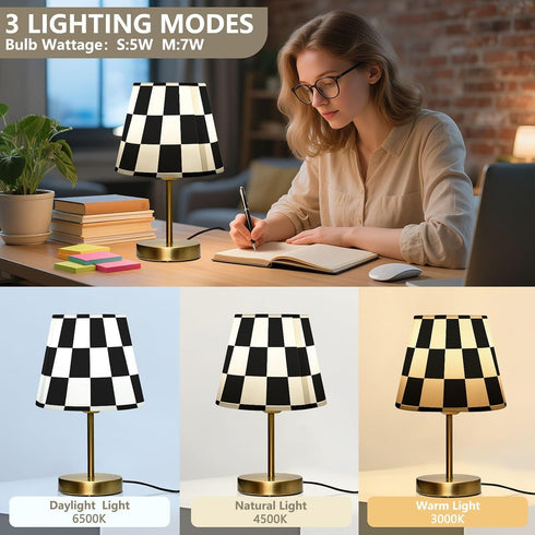Dimmable ALAZA Table Lamp for Bedroom Nightstand Black White Checkered Chess Buffalo Plaid Bedside Lamp with USB Port