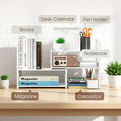 Jollygleam Desktop Shelves, White Bookshelf Desktop Organizer and Desktop Storage