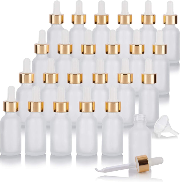 JUVITUS 1 oz Clear Frosted Glass Boston Round Bottle with Gold Dropper, 24 Pack