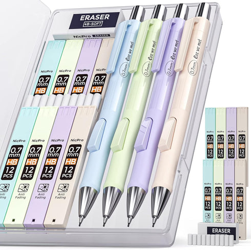 Nicpro 4 PCS Pastel Mechanical Pencil 0.7mm, Cute Fast Click Mechanical Pencils Set with 8 Tubes HB Lead Refills,