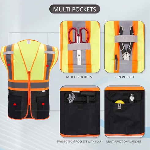 High Visibility Reflective Safety Vest with Zipper and Pockets, Medium (Yellow & Black)