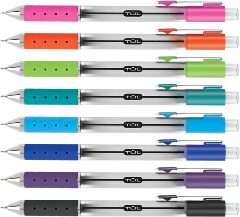 TUL Retractable Gel Pens, Needle Point 0.5 mm, Assorted Bright Ink Colors, Gray Barrel, Pack of 8