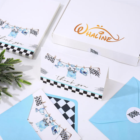 50 Pack 4 6 Inch Whaline Race Car Baby Shower Thank You Cards Greeting Card with Envelopes Stickers Blue Racing Theme