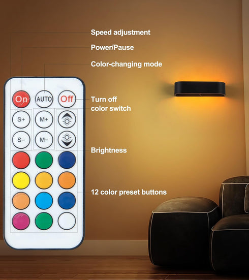 2Pcs 6000mAh 12 RGB Wall Light with Remote Control, LED Indoor Wall Sconce, Rechargeable Battery Powered Wall Lamps