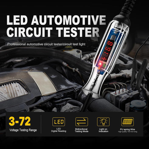 Upgraded 3-72V Digital Automotive LED Circuit Tester, DC Voltage Test Light with Voltmeter & Portable Spring Wire, Vehicle Circuits Low Voltage Light Tester Pen with Sharp Stainless Probe