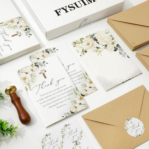 50 FYSUIMU Pcs Funeral Thank You Cards Bulk with Envelope Sticker Floral Sympathy Blank Note Cards White Flower Cross