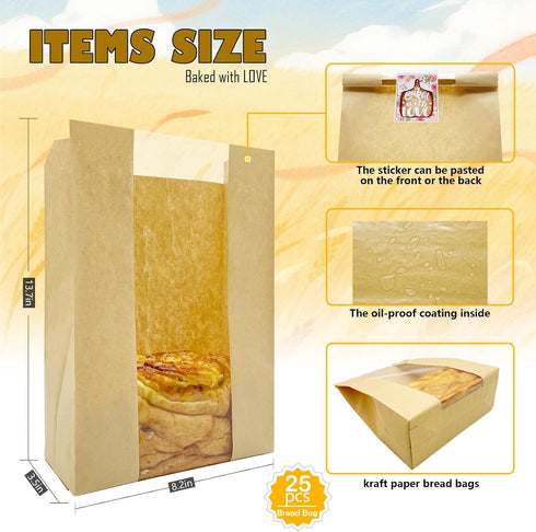 Packaging 25Pcs 13.7x8.2x3.5in Paper Bread Bags for Homemade with Window&Sticker Ideal for Sourdough Bread, Bread Loaf